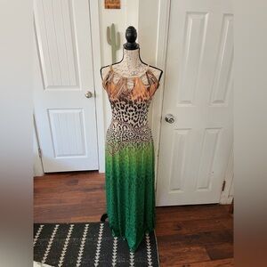 Fresh of LA Y2K Green and Brown Multi-Print Animal Print Maxi Dress Size Small